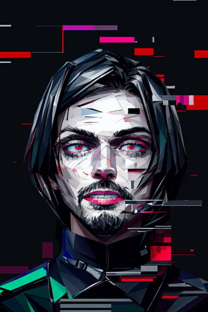 (masterpiece),a portrait of a handsome man  , wavy neck-length black hair , red eyes, thin beard, turtleneck , slick collared trench coats ,wearing black glove , wearing a black fedora , 25 years old of age, evil smile face expression ,bokeh , depth_of_field , glitching ,low ploy, red green purple cyan pink main color , 
 this image evokes a sense of depth and modernity, accentuated by the deliberate inclusion of digital noise and glitch elements, unique and dynamic quality. The images are of exceptional quality, with vibrant colors and intricate textures that capture the viewer's attention), Detailed Textures, high quality, high resolution, high Accuracy, realism, color correction, Proper lighting settings, harmonious composition, Glitching, low ploy , glitch around the face, facing sideways ,