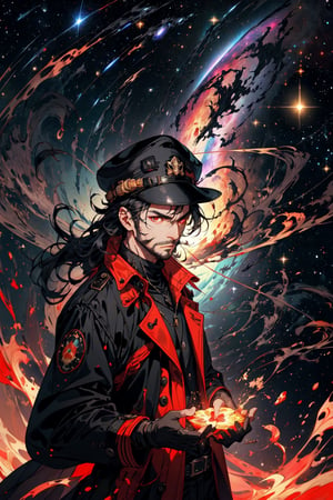 (masterpiece), long wavy black hair , red eyes, thin beard, turtleneck , slick collared trench coats with galaxies within it, black glove , black fedora , 25 years old of age, serious face expression , starlight coming out of his hands ,  Interstellar, nebula lounge , vivid, cinematic lighting , flying in the space , galaxies inside his coat tails , he controls the power of starts and galaxies with him , several planets and galaxy in the backgrounds , bokeh , depth_of_field ,