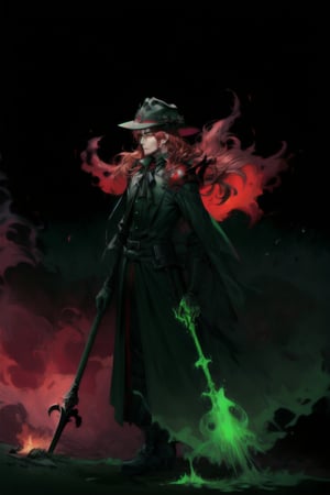 A portrait of a handsome man in slick collared red armored trenchcoat , wearing a red fedora, neck-length wavy hair , 25 years old of age , full beard , white background with green paint splash, evil face expression, red eyes , wearing a thin black turtleneck , reddish hair,The Dark Huntsman ,black steel cane , halberd on the back , blend, bright eyes , green fire ,wearing black boots and black gloves , pyromancer , crimson moon in the background 