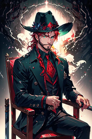 A portrait of a handsome man in slick collared red armored trenchcoat , wearing a red fedora, neck-length wavy hair , 25 years old of age , full beard  , he is sitting on a chair in the middle of a green beautiful meadow , blue sky with huge cloud in the background, low light, highly detailed, 8k,  serious face expression, red right eye and green left eye, wearing a thin black turtleneck , reddish hair ,blend, torso shot, bokeh, (hdr:1.4), high contrast, cinematic ,The Dark Huntsman ,weapon,ryanBS_soul3142,black steel cane , blue lightning ,sword on the back , heterochromia ,