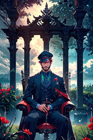 A portrait of a handsome man in slick collared red armored trenchcoat , wearing a red fedora, neck-length wavy hair , 25 years old of age , full beard  , he is sitting on a chair in the middle of a green beautiful meadow , blue sky with huge cloud in the background, low light, highly detailed, 8k,  serious face expression, red right eye and green left eye, wearing a thin black turtleneck , reddish hair ,blend, torso shot, bokeh, (hdr:1.4), high contrast, cinematic ,The Dark Huntsman ,weapon,ryanBS_soul3142,black steel cane , blue lightning ,sword on the back , heterochromia ,