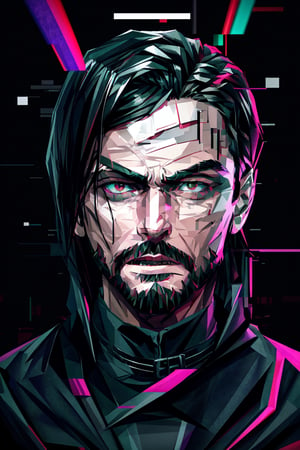 (masterpiece),a portrait of a handsome man  , wavy neck-length black hair , red eyes, thin beard, turtleneck , slick collared trench coats ,wearing black glove , wearing a black fedora , 25 years old of age, angry face expression ,bokeh , depth_of_field , glitching ,low ploy, red green purple cyan pink main color , 
 this image evokes a sense of depth and modernity, accentuated by the deliberate inclusion of digital noise and glitch elements, unique and dynamic quality. The images are of exceptional quality, with vibrant colors and intricate textures that capture the viewer's attention), Detailed Textures, high quality, high resolution, high Accuracy, realism, color correction, Proper lighting settings, harmonious composition, Glitching, low ploy , glitch around the face, facing sideways ,