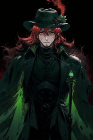 A portrait of a handsome man in slick collared red armored trenchcoat , wearing a red fedora, neck-length wavy hair , 25 years old of age , full beard , white background with green paint splash, evil face expression, red eyes , wearing a thin black turtleneck , reddish hair,The Dark Huntsman ,black steel cane , halberd on the back , blend, bright eyes , green fire ,wearing black boots and black gloves , pyromancer ,