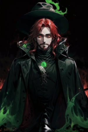 A portrait of a handsome man in slick collared red armored trenchcoat , wearing a red fedora, neck-length wavy hair , 25 years old of age , full beard , white background with green paint splash, evil face expression, red eyes , wearing a thin black turtleneck , reddish hair,The Dark Huntsman ,black steel cane , halberd on the back , blend, bright eyes , green fire ,wearing black boots and black gloves , pyromancer ,