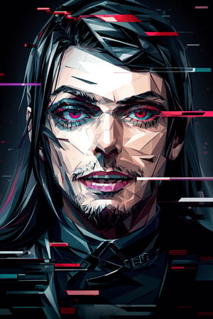 (masterpiece),a portrait of a handsome man , wavy neck-length black hair , red eyes, thin beard, turtleneck , slick collared trench coats ,wearing black glove , wearing a black fedora , 25 years old of age, evil smile face expression ,bokeh , depth_of_field , glitching ,low ploy, red green purple cyan pink main color , 
 this image evokes a sense of depth and modernity, accentuated by the deliberate inclusion of digital noise and glitch elements, giving it a unique and dynamic quality. The images are of exceptional quality, with vibrant colors and intricate textures that capture the viewer's attention), Detailed Textures, high quality, high resolution, high Accuracy, realism, color correction, Proper lighting settings, harmonious composition, Behance works, Glitching, low ploy , glitch around the face,