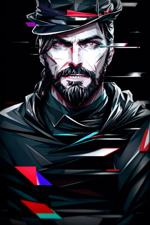 (masterpiece),a portrait of a handsome man , he is facing front, long wavy black hair , red eyes, thin beard, turtleneck , slick collared trench coats ,wearing black glove , wearing a black fedora , 25 years old of age, evil smile face expression ,bokeh , depth_of_field , glitching ,low ploy, red green purple cyan pink main color , 
 this image evokes a sense of depth and modernity, accentuated by the deliberate inclusion of digital noise and glitch elements, giving it a unique and dynamic quality. The images are of exceptional quality, with vibrant colors and intricate textures that capture the viewer's attention), Detailed Textures, high quality, high resolution, high Accuracy, realism, color correction, Proper lighting settings, harmonious composition, Behance works, Glitching, low ploy , 