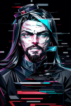 (masterpiece),a portrait of a handsome man , he is facing front, long wavy black hair , red eyes, thin beard, turtleneck , slick collared trench coats ,wearing black glove , wearing a black fedora , 25 years old of age, evil smile face expression ,bokeh , depth_of_field , glitching ,low ploy, red green purple cyan pink main color , 
 this image evokes a sense of depth and modernity, accentuated by the deliberate inclusion of digital noise and glitch elements, giving it a unique and dynamic quality. The images are of exceptional quality, with vibrant colors and intricate textures that capture the viewer's attention), Detailed Textures, high quality, high resolution, high Accuracy, realism, color correction, Proper lighting settings, harmonious composition, Behance works, Glitching, low ploy , glitch around the face,