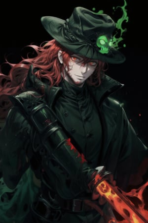 A portrait of a handsome man in slick collared red armored trenchcoat , wearing a red fedora, neck-length wavy hair , 25 years old of age , full beard , white background with green paint splash, evil face smile expression, red eyes , wearing a thin black turtleneck , reddish hair,The Dark Huntsman ,black steel cane , halberd on the back , blend, bright eyes , green fire , black boots , black gloves , pyromancer ,