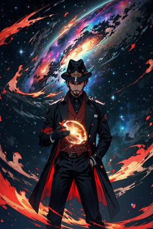 (masterpiece),neck-length wavy black hair, , red eyes, thin beard, turtleneck , slick collared trench coats with galaxies within it, black glove , black fedora , 25 years old of age, black anklepants, serious face expression , starlight coming out of his hands ,  Interstellar, nebula lounge , vivid, cinematic lighting , floating in space , galaxies inside his coattails , 