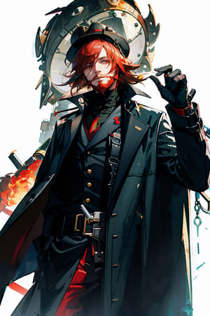 masterpiece,, (masterpiece, best quality:1.5), Handsome man wearing slick collared red trench coat , red full beard ,  turtle neck , neck-length red hair, wearing a red fedora , futuristic skyscrapers in the background , neon glow buildings , red glowing eye, [(white background:1.15)] ,weapon,midjourney, green flames,