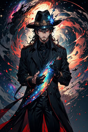 (masterpiece), long wavy black hair , red eyes, thin beard, turtleneck , slick collared trench coats with galaxies within it, black glove , black fedora , 25 years old of age, serious face expression , starlight coming out of his hands ,  Interstellar, nebula lounge , vivid, cinematic lighting , flying in the space , galaxies inside his coat tails , he controls the power of starts and galaxies with him , several planets and galaxy in the backgrounds , bokeh , depth_of_field ,