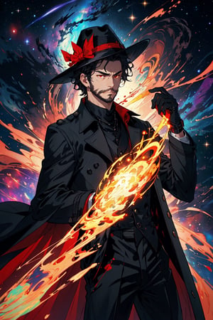 (masterpiece),neck-length wavy black hair, , red eyes, thin beard, turtleneck , slick collared trench coats with galaxies within it, black glove , black fedora , 25 years old of age, black anklepants, serious face expression , starlight coming out of his hands ,  Interstellar, nebula lounge , vivid, cinematic lighting , floating in space , 