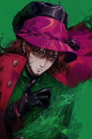 A portrait of a handsome man in slick collared red armored trenchcoat , wearing a red fedora, neck-length wavy hair , 25 years old of age , full beard , white background with green paint splash, evil face expression, red eyes , wearing a thin black turtleneck , reddish hair,The Dark Huntsman ,black steel cane , halberd on the back , blend, bright eyes , green fire ,wearing black gloves , pyromancer 