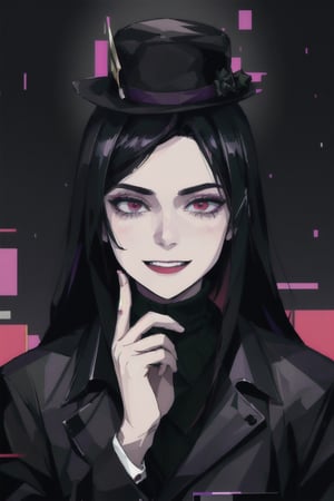 (masterpiece),a portrait of a handsome man  , wavy neck-length black hair , red eyes, thin beard, turtleneck , slick collared trench coats ,wearing black glove , wearing a black fedora , 25 years old of age, evil smile face expression ,bokeh , depth_of_field , glitching ,low ploy, red green purple cyan pink main color , 
 this image evokes a sense of depth and modernity, accentuated by the deliberate inclusion of digital noise and glitch elements, giving it a unique and dynamic quality. The images are of exceptional quality, with vibrant colors and intricate textures that capture the viewer's attention), Detailed Textures, high quality, high resolution, high Accuracy, realism, color correction, Proper lighting settings, harmonious composition, Behance works, Glitching, low ploy , glitch around the face,1guy