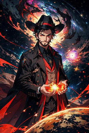 (masterpiece), neck length wavy black hair, , red eyes, thin beard, turtleneck , slick collared trench coats with galaxies within it, black glove , black fedora , 25 years old of age, serious face expression , starlight coming out of his hands ,  Interstellar, nebula lounge , vivid, cinematic lighting , flying in the space , galaxies inside his coat tails , he controls the power of starts and galaxies with him , 