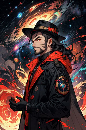 (masterpiece), long wavy black hair , red eyes, thin beard, turtleneck , slick collared trench coats with galaxies within it, black glove , black fedora , 25 years old of age, serious face expression , starlight coming out of his hands ,  Interstellar, nebula lounge , vivid, cinematic lighting , flying in the space , galaxies inside his coat tails , he controls the power of starts and galaxies with him , several planets and galaxy in the backgrounds , 