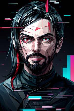 (masterpiece),a portrait of a handsome man  , wavy neck-length black hair , red eyes, thin beard, turtleneck , slick collared trench coats ,wearing black glove , wearing a black fedora , 25 years old of age, evil smile face expression ,bokeh , depth_of_field , glitching ,low ploy, red green purple cyan pink main color , 
 this image evokes a sense of depth and modernity, accentuated by the deliberate inclusion of digital noise and glitch elements, giving it a unique and dynamic quality. The images are of exceptional quality, with vibrant colors and intricate textures that capture the viewer's attention), Detailed Textures, high quality, high resolution, high Accuracy, realism, color correction, Proper lighting settings, harmonious composition, Behance works, Glitching, low ploy , glitch around the face,