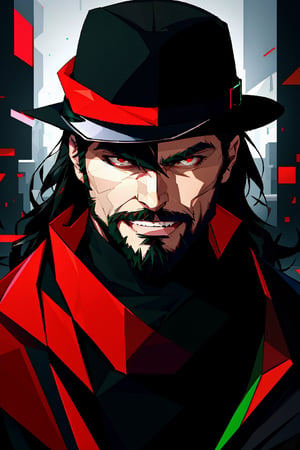 (masterpiece),he is facing front, long wavy black hair , red eyes, thin beard, turtleneck , slick collared trench coats with galaxies within it, black glove , black fedora , 25 years old of age, evil smile face expression ,bokeh , left side of his face glitched , depth_of_field , glitching ,low ploy, red green main color , 