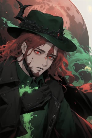 A portrait of a handsome man in slick collared red armored trenchcoat , wearing a red fedora, neck-length wavy hair , 25 years old of age , full beard , white background with green paint splash, evil face expression, red eyes , wearing a thin black turtleneck , reddish hair,The Dark Huntsman ,black steel cane , halberd on the back , blend, bright eyes , green fire ,wearing black gloves , pyromancer , crimson moon in the background 