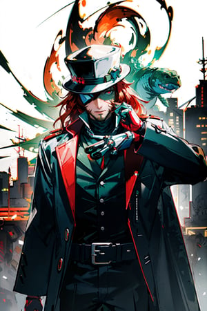 masterpiece,, (masterpiece, best quality:1.5), Handsome man wearing slick collared red trench coat , red full beard ,  turtle neck , neck-length red hair, wearing a red fedora , futuristic skyscrapers in the background , neon glow buildings , red glowing eye, [(white background:1.15)] ,weapon,midjourney, green flames,