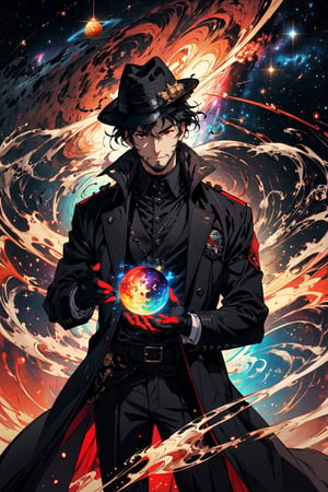 (masterpiece), long wavy black hair , red eyes, thin beard, turtleneck , slick collared trench coats with galaxies within it, black glove , black fedora , 25 years old of age, serious face expression , starlight coming out of his hands ,  Interstellar, nebula lounge , vivid, cinematic lighting , flying in the space , galaxies inside his coat tails , he controls the power of starts and galaxies with him , several planets and galaxy in the backgrounds , 