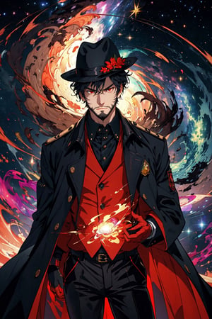 (masterpiece),neck-length wavy black hair, , red eyes, thin beard, turtleneck , slick collared trench coats with galaxies within it, black glove , black fedora , 25 years old of age, black anklepants, serious face expression , starlight coming out of his hands ,  Interstellar, nebula lounge , vivid, cinematic lighting , floating in space , galaxies inside his coattails , 