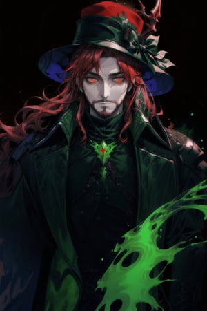 A portrait of a handsome man in slick collared red armored trenchcoat , wearing a red fedora, neck-length wavy hair , 25 years old of age , full beard , white background with green paint splash, evil face expression, red eyes , wearing a thin black turtleneck , reddish hair,The Dark Huntsman ,black steel cane , halberd on the back , blend, bright eyes , green fire , black boots , black gloves , 