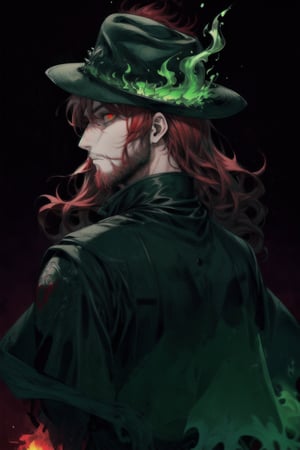 A portrait of a handsome man in slick collared red armored trenchcoat , wearing a red fedora, neck-length wavy hair , 25 years old of age , full beard , white background with green paint splash, evil face expression, red eyes , wearing a thin black turtleneck , reddish hair,The Dark Huntsman ,black steel cane , halberd on the back , blend, bright eyes , green fire ,wearing black gloves , pyromancer , crimson moon in the background 