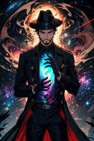 (masterpiece),neck-length wavy black hair, , red eyes, thin beard, turtleneck , slick collared trench coats with galaxies within it, black glove , black fedora , 25 years old of age, black anklepants, serious face expression , starlight coming out of his hands ,  Interstellar, nebula lounge , vivid, cinematic lighting , floating in space , 