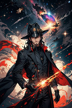 (masterpiece), long wavy black hair , red eyes, thin beard, turtleneck , slick collared trench coats with galaxies within it, black glove , black fedora , 25 years old of age, serious face expression , starlight coming out of his hands ,  Interstellar, nebula lounge , vivid, cinematic lighting , flying in the space , galaxies inside his coat tails , he controls the power of starts and galaxies with him , several planets and galaxy in the backgrounds , 