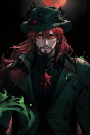 A portrait of a handsome man in slick collared red armored trenchcoat , wearing a red fedora, neck-length wavy hair , 25 years old of age , full beard , white background with green paint splash, evil face expression, red eyes , wearing a thin black turtleneck , reddish hair,The Dark Huntsman ,black steel cane , halberd on the back , blend, bright eyes , green fire ,wearing black boots and black gloves , pyromancer , crimson moon in the background 