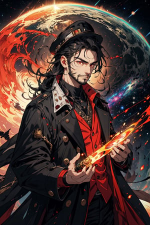 (masterpiece), long wavy black hair , red eyes, thin beard, turtleneck , slick collared trench coats with galaxies within it, black glove , black fedora , 25 years old of age, serious face expression , starlight coming out of his hands ,  Interstellar, nebula lounge , vivid, cinematic lighting , flying in the space , galaxies inside his coat tails , he controls the power of starts and galaxies with him , several planets and galaxy in the backgrounds , 