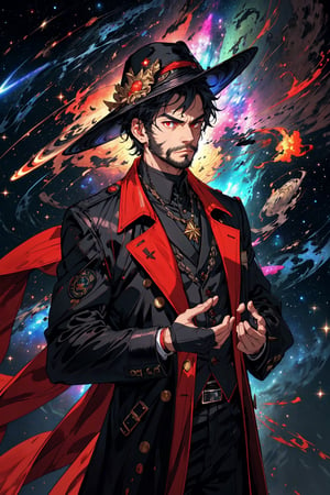 (masterpiece), neck length wavy black hair, , red eyes, thin beard, turtleneck , slick collared trench coats with galaxies within it, black glove , black fedora , 25 years old of age, serious face expression , starlight coming out of his hands ,  Interstellar, nebula lounge , vivid, cinematic lighting , flying in the space , galaxies inside his coat tails , 