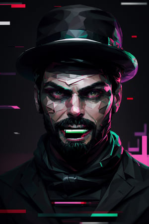 (masterpiece),a portrait of a handsome man  , wavy neck-length black hair , red eyes, thin beard, turtleneck , slick collared trench coats ,wearing black glove , wearing a black fedora , 25 years old of age, evil smile face expression ,bokeh , depth_of_field , glitching ,low ploy, red green purple cyan pink main color , 
 this image evokes a sense of depth and modernity, accentuated by the deliberate inclusion of digital noise and glitch elements, giving it a unique and dynamic quality. The images are of exceptional quality, with vibrant colors and intricate textures that capture the viewer's attention), Detailed Textures, high quality, high resolution, high Accuracy, realism, color correction, Proper lighting settings, harmonious composition, Behance works, Glitching, low ploy , glitch around the face,1guy