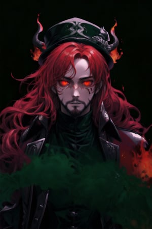 A portrait of a handsome man in slick collared red armored trenchcoat , wearing a red fedora, neck-length wavy hair , 25 years old of age , full beard , white background with green paint splash, evil face expression, red eyes , wearing a thin black turtleneck , reddish hair,The Dark Huntsman ,black steel cane , halberd on the back , blend, bright eyes , green fire ,wearing black boots and black gloves , pyromancer , crimson moon in the background 