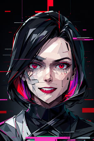 (masterpiece),a portrait of a handsome man  , wavy neck-length black hair , red eyes, thin beard, turtleneck , slick collared trench coats ,wearing black glove , wearing a black fedora , 25 years old of age, evil smile face expression ,bokeh , depth_of_field , glitching ,low ploy, red green purple cyan pink main color , 
 this image evokes a sense of depth and modernity, accentuated by the deliberate inclusion of digital noise and glitch elements, giving it a unique and dynamic quality. The images are of exceptional quality, with vibrant colors and intricate textures that capture the viewer's attention), Detailed Textures, high quality, high resolution, high Accuracy, realism, color correction, Proper lighting settings, harmonious composition, Behance works, Glitching, low ploy , glitch around the face,1guy