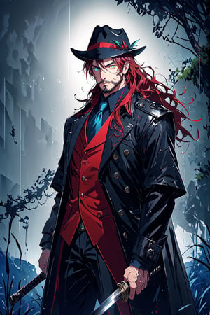 A portrait of a handsome man in slick collared red armored trenchcoat , wearing a red fedora, neck-length wavy hair , 25 years old of age , full beard  , he is standing in the middle of a grasslands , blue sky background, low light, highly detailed, 8k,  serious face expression, red right eye and green left eye, wearing a thin black turtleneck , reddish hair ,blend, torso shot, bokeh, (hdr:1.4), high contrast, cinematic ,The Dark Huntsman ,weapon,ryanBS_soul3142,black steel cane , blue lightning ,sword on the back , heterochromia ,