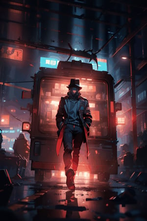 handsome men with black trenchcoat and black fedora ,  cyberpunk detective , neck length hair and beard  , cyberpunk 2077 poster art , standing menacingly and badassly , coat blown by the wind , glowing red eyes , turtleneck , 25 years old , 