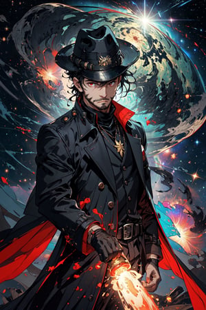 (masterpiece), long wavy black hair , red eyes, thin beard, turtleneck , slick collared trench coats with galaxies within it, black glove , black fedora , 25 years old of age, serious face expression , starlight coming out of his hands ,  Interstellar, nebula lounge , vivid, cinematic lighting , flying in the space , galaxies inside his coat tails , he controls the power of starts and galaxies with him , several planets and galaxy in the backgrounds , bokeh , depth_of_field ,