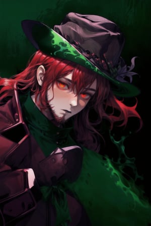 A portrait of a handsome man in slick collared red armored trenchcoat , wearing a red fedora, neck-length wavy hair , 25 years old of age , full beard , white background with green paint splash, evil face expression, red eyes , wearing a thin black turtleneck , reddish hair,The Dark Huntsman ,black steel cane , halberd on the back , blend, bright eyes , green fire ,wearing black gloves , pyromancer , crimson moon in the background 