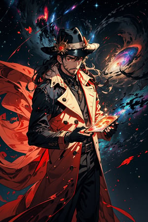 (masterpiece), long wavy black hair , red eyes, thin beard, turtleneck , slick collared trench coats with galaxies within it, black glove , black fedora , 25 years old of age, serious face expression , starlight coming out of his hands ,  Interstellar, nebula lounge , vivid, cinematic lighting , flying in the space , galaxies inside his coat tails , he controls the power of starts and galaxies with him , several planets and galaxy in the backgrounds , bokeh , depth_of_field ,