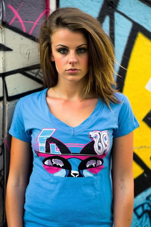 Teen girl in her 20s, huge breast, wear v-neck tshirt, graffiti wall backdrop