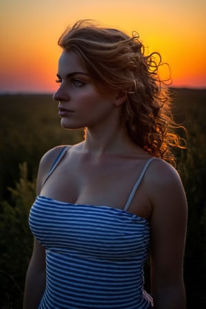 Upper body portrayal of a huge breast young girl, silhouette highlighted against the setting sun, BREAK Backdrop of a fiery sunset, radiant colors of twilight, horizon disappearing into the distance, BREAK Contemplative, peaceful, BREAK Oil painting, romantic realism, BREAK Soft, warm sunset light, strong backlighting, BREAK Close-up shot, shallow depth of field, BREAK High texture detail, high-definition, 4K