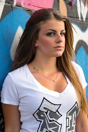 Teen girl in her 20s, huge breast, wear v-neck tshirt, graffiti wall backdrop