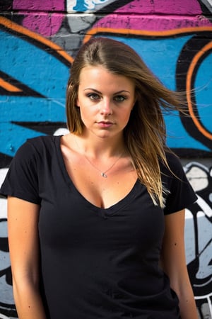 Teen girl in her 20s, huge breast, wear v-neck tshirt, graffiti wall backdrop