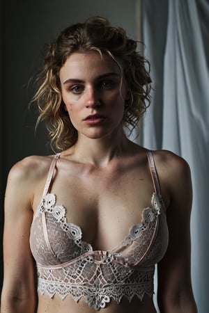 Upper body image of a young big breast girl, wearing tattered lingerie, displaying an expression of resilience and defiance, BREAK ragged lace, frayed edges, and delicate fabric barely holding together, BREAK Pensive, intriguing, BREAK Sketch-like, with a touch of realism, BREAK Dramatic chiaroscuro lighting, enhancing the texture and depth, BREAK Close-up perspective, with a shallow depth of field, BREAK Highly detailed, with emphasis on the texture of the fabric and the intricate weave of the lace