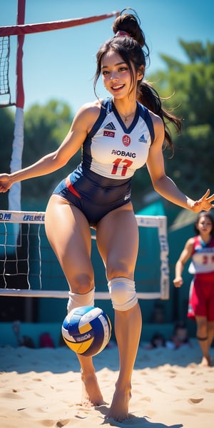 (Top quality, 8K, Masterpiece: 1.3), (Reality, Realism: 1.1), 1 girl, playing beach volleyball, accurate anatomy, accurate anatomy hands, full body shot, balance diagram, Small head, large and even eyes, (female beach volleyball player: 1.8), facing forward, concentrated, stern expression, (extremely beautiful face: 1.2), (beautiful woman with perfect figure: 1.3), wonderful body, (burst breasts), (tight competition uniform: 1.3), (tight white uniform: 1.1), beautiful face, detailed face, big eyes, cleavage, thin waist, belly button pussy, crotch Gap, (Trained and firm butt: 1.3), (Big and beautifully shaped butt: 1.1), Beautiful and captivating smile, (Bright smile: 1.4), Cute woman, (Detailed eyes), ( tall ponytail), chestnut hair, (dynamic pose, change pose, dynamic angle), (appears to have an afterimage), beach volleyball field in the background, blurred background, perspective, (depth field: 1.3), ((( Blur))),JeeSoo 