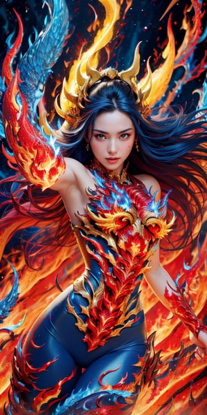 Fantasy art, (Highest quality, Masterpiece: 1.2), Super detailed, (Photoreal: 1.5), (Sharp focus: 1.2), Female spirit of molten fire burning bright red, whole body, detailed molten fire elemental, ( Red, yellow and blue flames: 1.8), (in a fantasy world), gentle smile, strong eyes, beautiful face, detailed face, perfect proportions, huge breasts, thin waist, navel, buttocks, crotch gap, thighs , Raise your hands, Dynamic pose, Steampunk style, Detail Master 2,