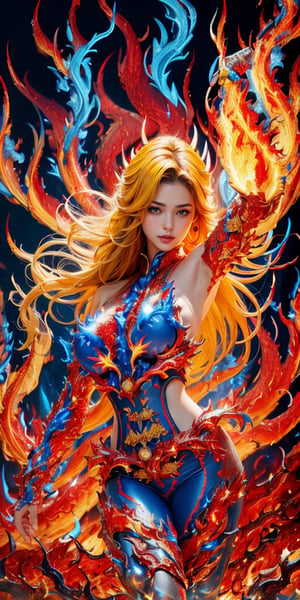 Fantasy art, (Highest quality, Masterpiece: 1.2), Super detailed, (Photoreal: 1.5), (Sharp focus: 1.2), Female spirit of molten fire burning bright red, whole body, detailed molten fire elemental, ( Red, yellow and blue flames: 1.8), (in a fantasy world), gentle smile, strong eyes, beautiful face, detailed face, perfect proportions, huge breasts, thin waist, navel, buttocks, crotch gap, thighs , Raise your hands, Dynamic pose, Steampunk style, Detail Master 2,