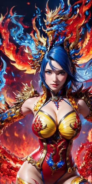 Fantasy Art, (Highest Quality, Masterpiece: 1.2), Super Detailed, (Photoreal: 1.5), (Sharp Focus), Female Spirit of Molten Fire Burning in Red, Full Body, Detailed Elemental of Molten Fire, (Red and Yellow and blue flames: 1.8), (in a fantasy world), gentle smile, strong eyes, beautiful face, detailed face, perfect proportions, huge breasts, thin waist, navel, buttocks, crotch gap, thighs, hands dynamic poses, steampunk style, detail master 2,bul4n